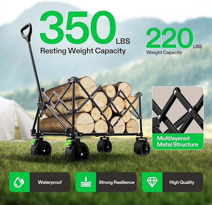 VIVOSUN Collapsible Folding Wagon, Outdoor Utility with Silent All-Terrain Beach Wheels, Adjustable Handle, Cup Holders & Side Pockets, for Camping, Beach, Shopping, Garden, Sports, Picnic, Blue