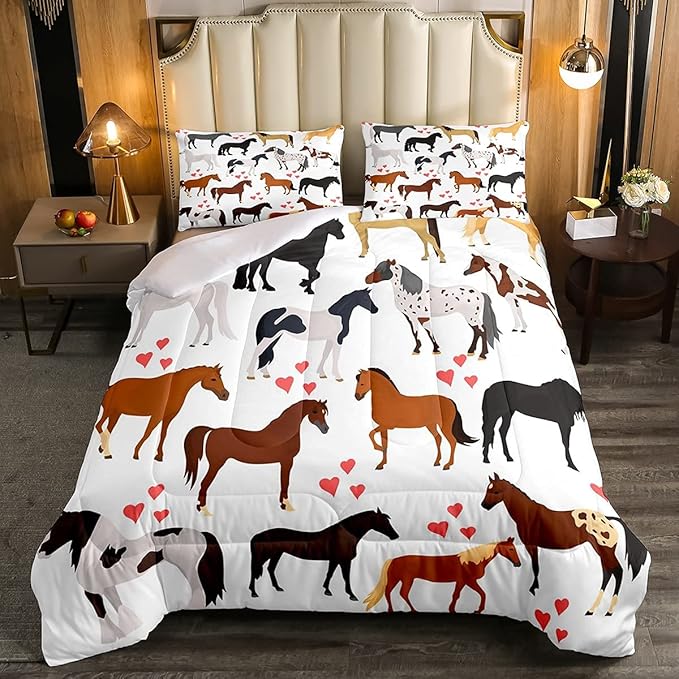 Horse Comforter Set Twin Farm Bedding Set Kids Boys Girls Teens Cute Animal Duvet Set Cartoon Horses With Pink Lover Heart Decor Kawaii Quilt Set Soft Lightweight Cowboy Cowgirls Comforter Set