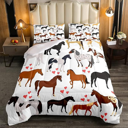 Horse Comforter Set Twin Farm Bedding Set Kids Boys Girls Teens Cute Animal Duvet Set Cartoon Horses With Pink Lover Heart Decor Kawaii Quilt Set Soft Lightweight Cowboy Cowgirls Comforter Set