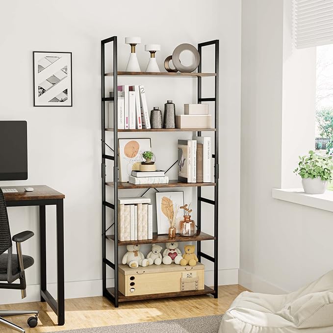 OTK 5 Tier Bookshelf, Tall Bookcase, Office Shelf Storage Organizer, Modern Book Shelf for Living Room, Bedroom, and Home Office, Vintage