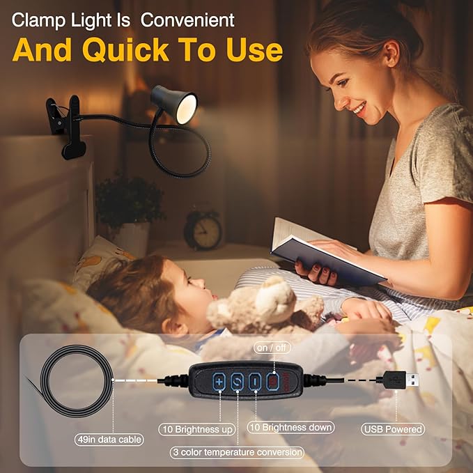 Clip on Light Reading for Bed LED Desk Lights 3 Color Modes 10 Brightness USB Lamp Eye Care 360° Flexible Gooseneck Dimmable for Headboard Computer Read Books Task Lamps with Adapter Bookmark(Black)