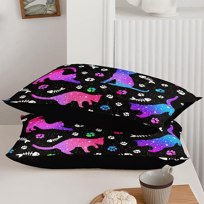 Cute Cat Comforter Kids Bedding Set Full,3Pcs Soft Paw Fish Bone Print Quilt Set Bed in A Bag with 1 Comforter 2 Pillowcases for Kids Boys Girls Teens Adults Room Decor All Season Gradient Purple Blue