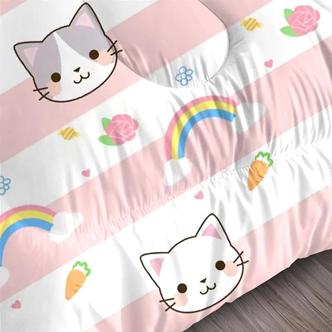 Cat Comforter Set Queen Size Pink Plaid Rainbow Bedding for Teen Girls Women Cloud Cute Boho Bedroom Dorm Quilt 1 Comforter + 2 Pillow Cases