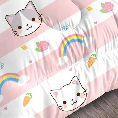 Cat Comforter Set Queen Size Pink Plaid Rainbow Bedding for Teen Girls Women Cloud Cute Boho Bedroom Dorm Quilt 1 Comforter + 2 Pillow Cases