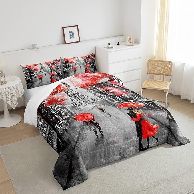 Eiffel Tower Comforter Set King Size for Girls Women Romantic Paris Street Bedding Sweet Couple Lover Red Flowers Floral Quilted Duvet French Style Down Comforter Chic Paris Cityscape Comforter