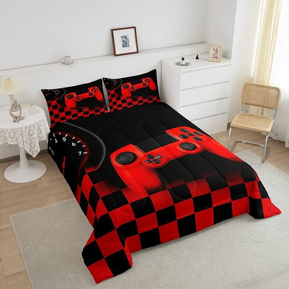 Erosebridal Gamer Bedding Sets for Boys，Gaming Comforter Sets King for Kids Teen Boys Gamer Room Decor,Video Game Gamepad Duvet Insert,Plaid Check Grid Artwork Down Comforter 3pcs,Black Red
