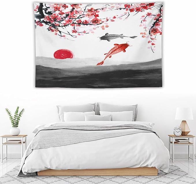 Houselerax Japanese Koi Fish Tapestries, Cherry Blossoms Asian Oriental Flower Branch Koi Fish Carp Tapestry Wall Hanging for Bedroom Living Room Office Decor 60"x40"