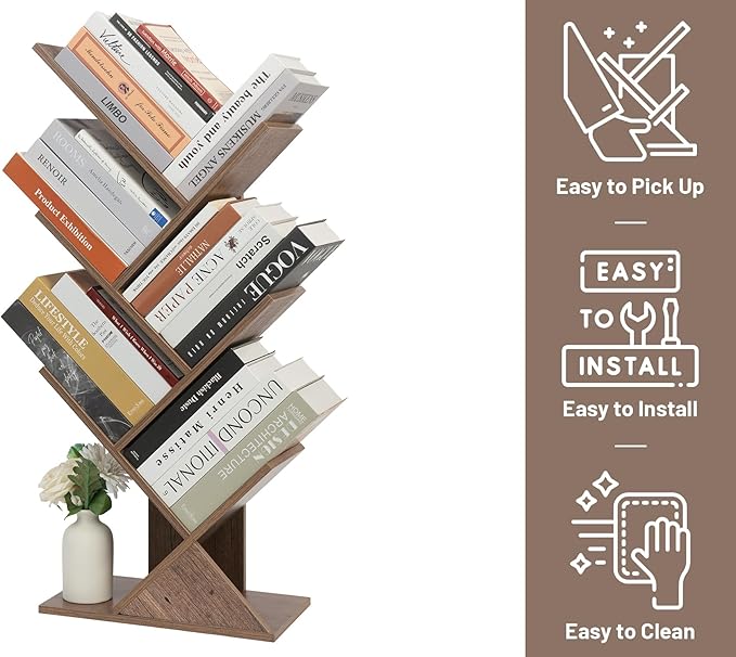 Labcosi 5 Tier Tree Bookshelf, Floor Standing Wood Tree Bookcase, Book Storage Rack for Books/CDs, Book Organizer Shelves for Home Office, Bedroom, Living Room