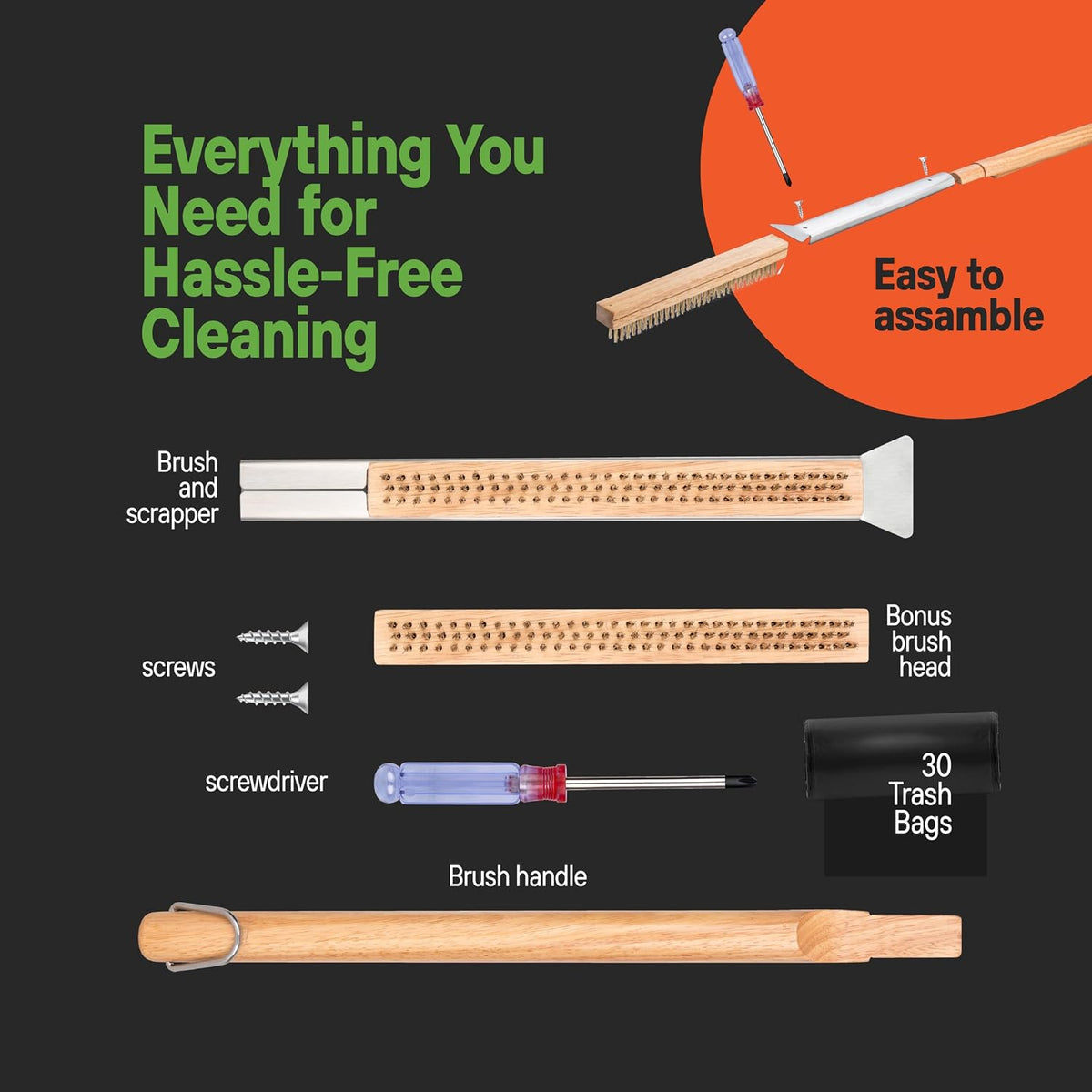 SCRUBIT 26" Pizza Oven Brush with Scraper, Heat Resistant - Stainless-Steel 2-in-1 Pizza Stone Brush with Pizza Stone Cleaner, Includes 2 Brush Heads and 30 Waste Bags - Works with Ooni Pizza Oven