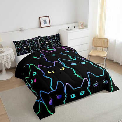 Erosebridal Cute Cat Kids Comforter Neon Rainbow Line Cat King Bedding Set for Boys Girls Teen Cartoon Kawaii Cats Toddler Bed Set Colorful Animals Quilt Set Reversible Black,2 Pillow Cases