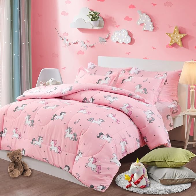 UOZZI BEDDING Bed in a Bag 7 Pieces King Size Unicorn Pink with Rainbow Star - Soft Microfiber, Reversible Bed Comforter Set (1 Comforter, 2 Pillow Shams, 1 Flat Sheet, 1 Fitted Sheet, 2 Pillowcases)