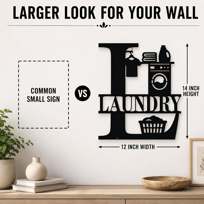 Laundry Room Metal Wall Decor, Farmhouse Laundry Sign, 14 Inch | 14-inch matte black metal laundry room sign with pre-drilled holes for farmhouse, modern, or rustic wall decor.