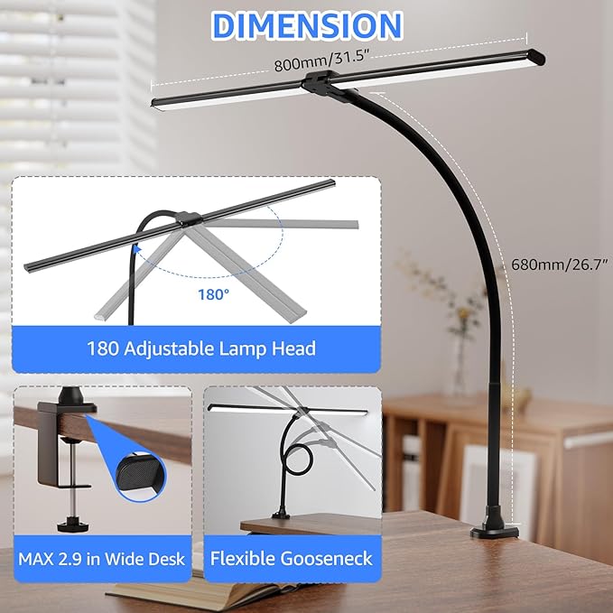 ShineTech LED Desk Lamp for Home Office, 5000K Bright Double Head Architect Task Lamps with Clamp, Dimmable Adjustable Flexible Gooseneck, Black