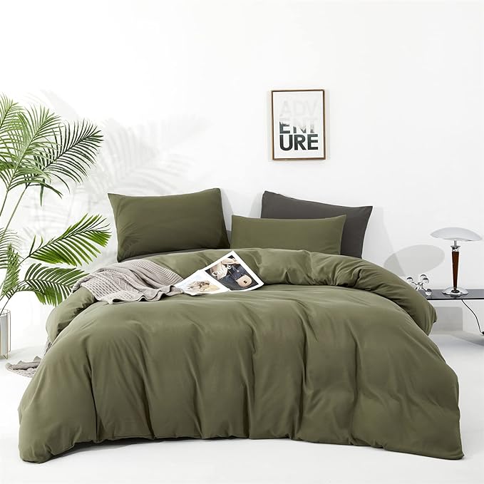 Olive Green Comforter Set King Size Solid Green Comforter 3 Pieces Soft Dark Green King Comforter Bedding Set Women Pure Olive Green King Bed Comforter Set for All Season as Gift