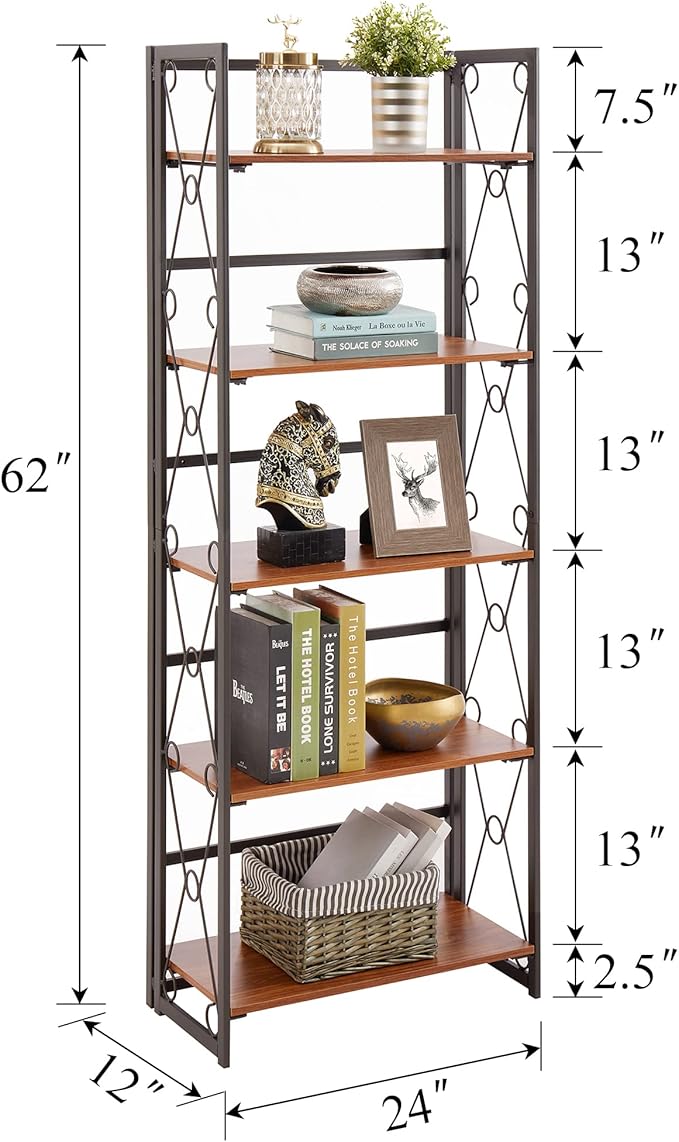 VECELO Folding Bookshelf,5 Tier Bookcase Foldable Easy Assembly, Industrial Book Shelf Storage Organizer with X Metal Frame and Anti-Toppling Design,