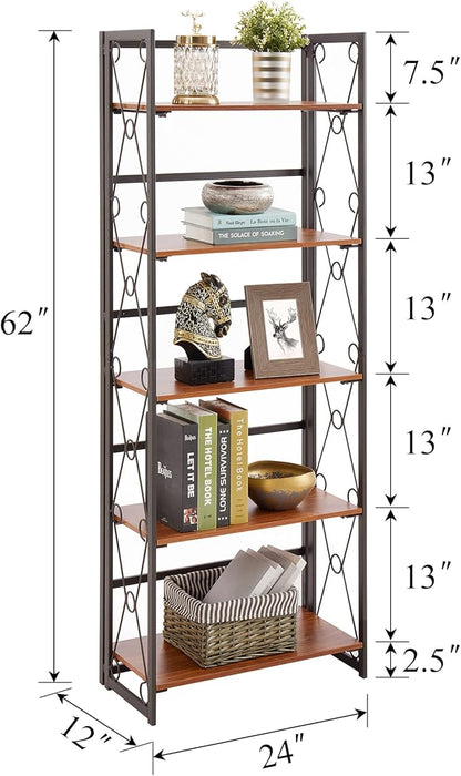 VECELO Folding Bookshelf,5 Tier Bookcase Foldable Easy Assembly, Industrial Book Shelf Storage Organizer with X Metal Frame and Anti-Toppling Design,
