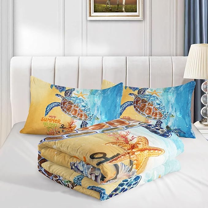 Datura home Beach Turtle Comforter Set Beach and Sea Turtle Printed Quilt Bedding Set with 1 Comforter and 2 Pillowcases for Boys and Girls Bedroom All Season(Beach Turtle Twin)