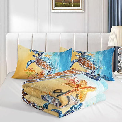Datura home Beach Turtle Comforter Set Beach and Sea Turtle Printed Quilt Bedding Set with 1 Comforter and 2 Pillowcases for Boys and Girls Bedroom All Season(Beach Turtle Twin)