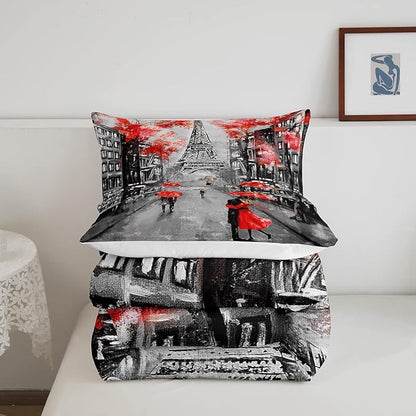 Eiffel Tower Comforter Set King Size for Girls Women Romantic Paris Street Bedding Sweet Couple Lover Red Flowers Floral Quilted Duvet French Style Down Comforter Chic Paris Cityscape Comforter