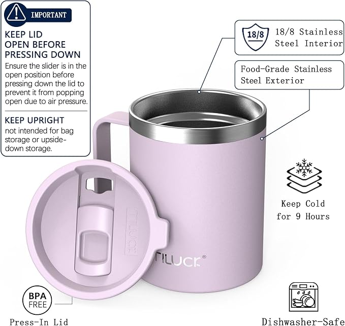 TILUCK 12 oz Insulated Coffee Mug with Lid and Handle | BPA-Free Lid, Double-Wall Vacuum Insulation, Stainless Steel Coffee Cup,Dishwasher Safe Mug for Hot & Cold Drinks,LightPurple