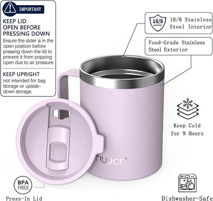 TILUCK 12 oz Insulated Coffee Mug with Lid and Handle | BPA-Free Lid, Double-Wall Vacuum Insulation, Stainless Steel Coffee Cup,Dishwasher Safe Mug for Hot & Cold Drinks,LightPurple