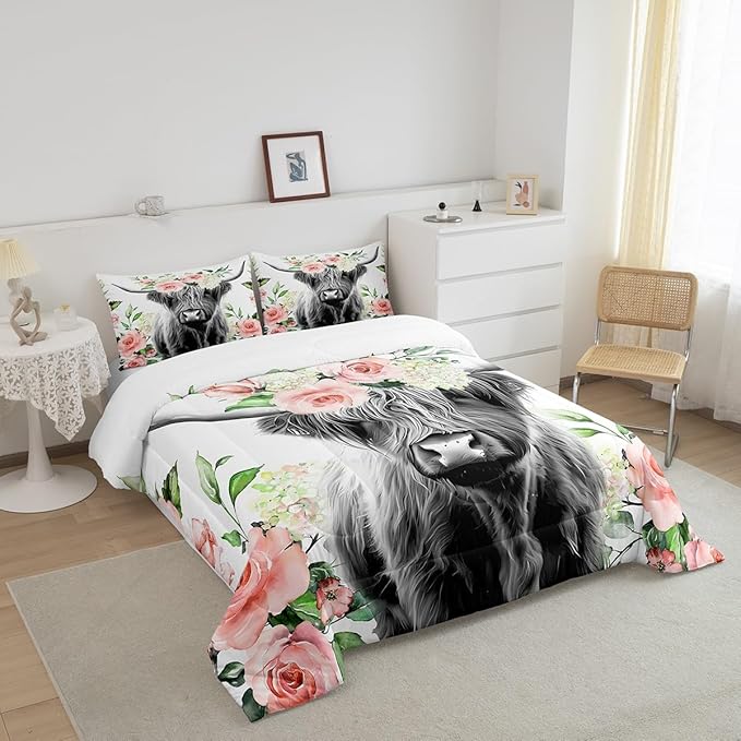 Highland Cow Bedding Set Kids Rose Floral Bull Cattle Comforter Set for Girls Teens Western Wildlife Animal Comforter Farmhouse Duvet Set Room Decor Quilt Set Twin Size