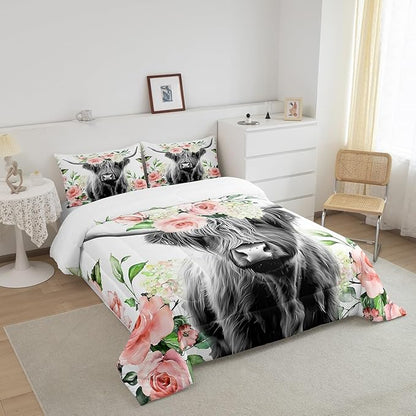 Highland Cow Bedding Set Kids Rose Floral Bull Cattle Comforter Set for Girls Teens Western Wildlife Animal Comforter Farmhouse Duvet Set Room Decor Quilt Set Full Size