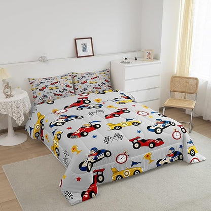 Feelyou Kids Cartoon Car Comforter Set Twin Size Racing Car Bedding Set for Boys Girls Teen Kids Children Home Decor Racing Car Comforter Race Cars Quilt Bed Set Red Grey Bedding Set for All Season