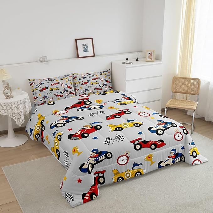 Feelyou Kids Cartoon Car Comforter Set Full Size Racing Car Bedding Set for Boys Girls Teen Kids Children Home Decor Racing Car Comforter Race Cars Quilt Bed Set Red Grey Bedding Set for All Season