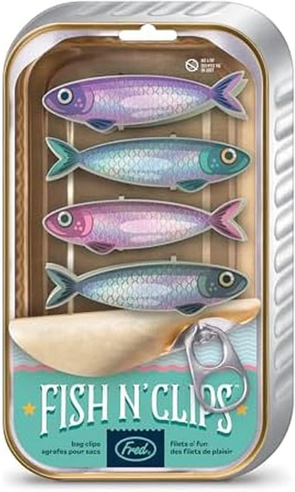 Genuine Fred FISH 'N CLIPS Sardine Bag Clips, Set of 4 Food Storage Clips, Iridescent Finish, Double-Sided, Durable Plastic and Stainless Steel Springs, Fun Kitchen Accessories and Great Gift