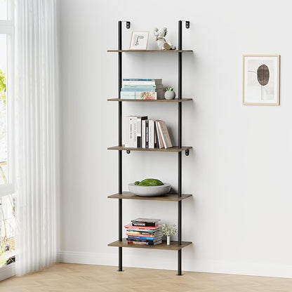 5 Tier Ladder Shelf Bookcase, Extra Sturdy Modern Bookshelf Wall Mounted, Tall Black Open Book Shelf, Standing Industrial Metal Frame with Wooden Shelves, 67“ (H) × 17(W)