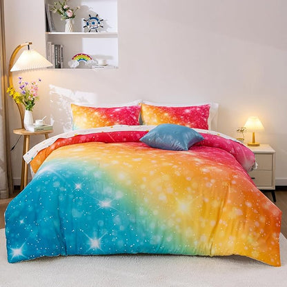 A Nice Night Gradient Glitter 6Pcs Bed in A Bag Bedding Set for Girls Twin Size, Colorful Rainbow Galaxy Comforter Set, Ultra Soft Bedding Sets, YellowBlue