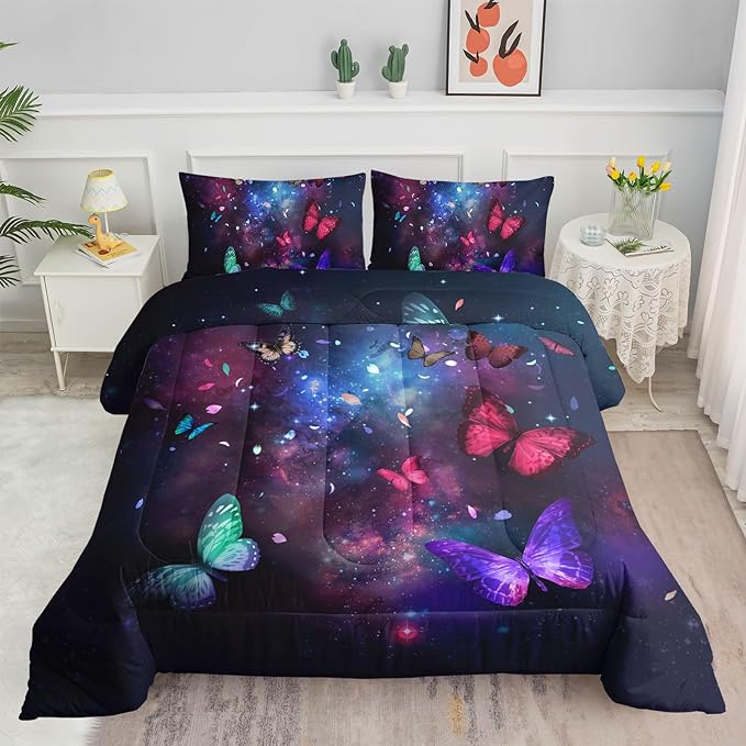 Datura home Butterfly Comforter Set for Girls Women,Colorful Butterflies in Space Galaxy Printed Black Bedding Set with 2 Pillowcases(Butterfly Galaxy Queen)
