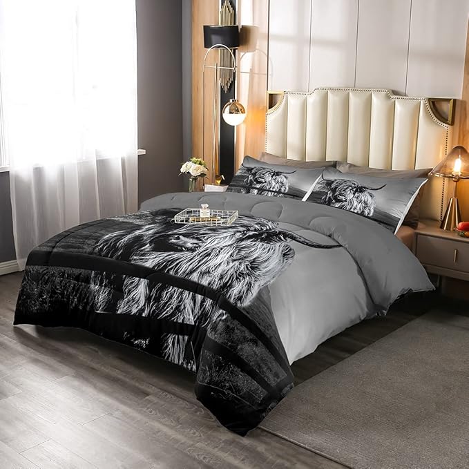 Highland Cow Bedding Set King Size Grey Bull Cattle Comforter Set Funny Farmhouse Wildlife Animal Duvet Set for Kids Boys Girls Teens Western Cowboy Style Down Comforter Adult Bedroom Decor