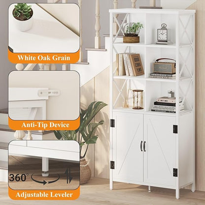 FATORRI Bookshelf with Doors, Modern Tall Bookshelf with Cabinet, Wood Book Shelf and Farmhouse Organizer Storage BookCase for Living Room (White Oak)