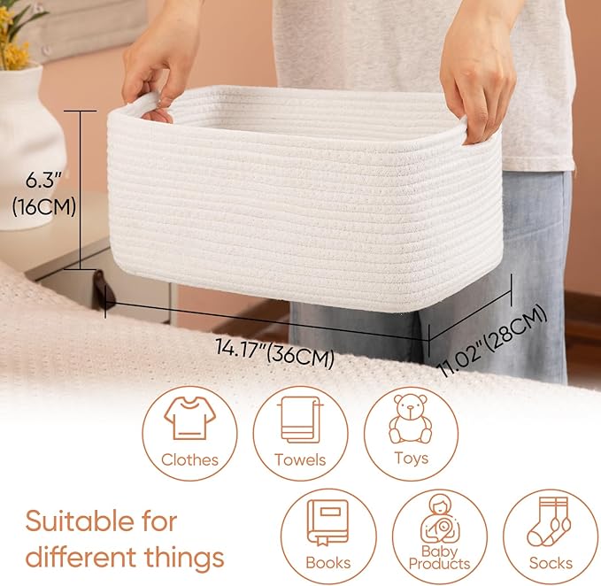 OIAHOMY 4 Pack 14.17*11.02*6.3IN Storage Baskets for Organizing Shelves, Woven Rope Baskets for Organizing Books, Clothes, Decorative Basket for Living Room, Nursery, Bedroom, Gift Basket, White