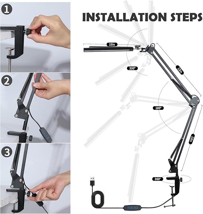 Double Swing Arm Bright LED Desk Light Adjustable Foldable Desk Lamp for Home Office, 3 Colors Lighting & Stepless Dimming Dimmable Table Desk Light for Work/Study/Craft