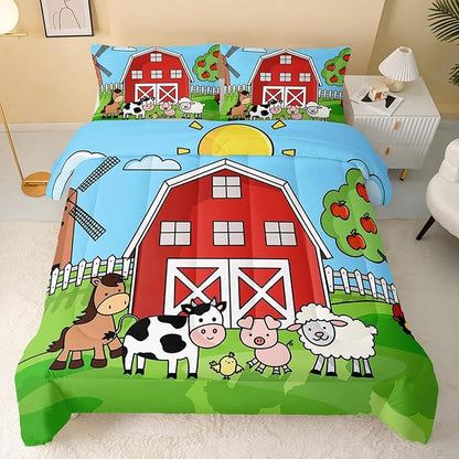 Farm Animals Comforter,Farmhouse Comforter Set for Kids Teens Girls Boys,Cartoon Animals 3Pcs Bedding Set Printed Comforter with 2 Pillowcases,Down Alternative,Soft and Lightweight，Full Size