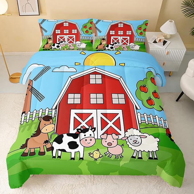 Farm Animals Comforter,Farmhouse Comforter Set for Kids Teens Girls Boys,Cartoon Animals 3Pcs Bedding Set Printed Comforter with 2 Pillowcases,Down Alternative,Soft and Lightweight，Queen Size