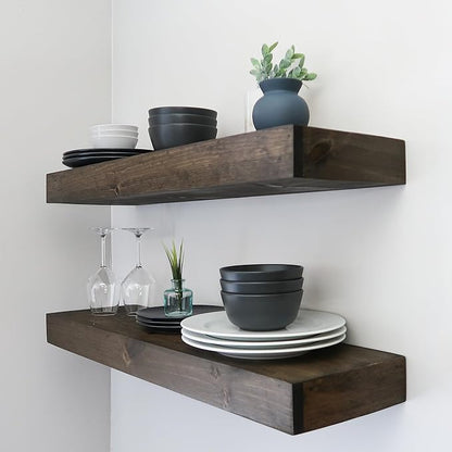 Modern Floating Shelves 3 Inches Thick for Wall, Wide Shelves for Kitchen, Living Room, Bedroom, and Bathroom, Natural Pine Wood, Rustic Wooden Shelf, (Set of 2) (Jacobean, 48Lx3Hx8D)