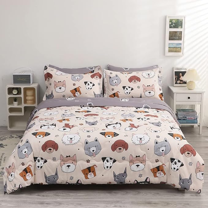 7 Piece Kids Dog Comforter Full Size Cute Animal Dog Bedding Set Bed in A Bag for Boys Girls All Season (1 Comforter, 1 Flat Sheet, 1 Fitted Sheet, 2 Pillowcase and 2 Pillow Sham)