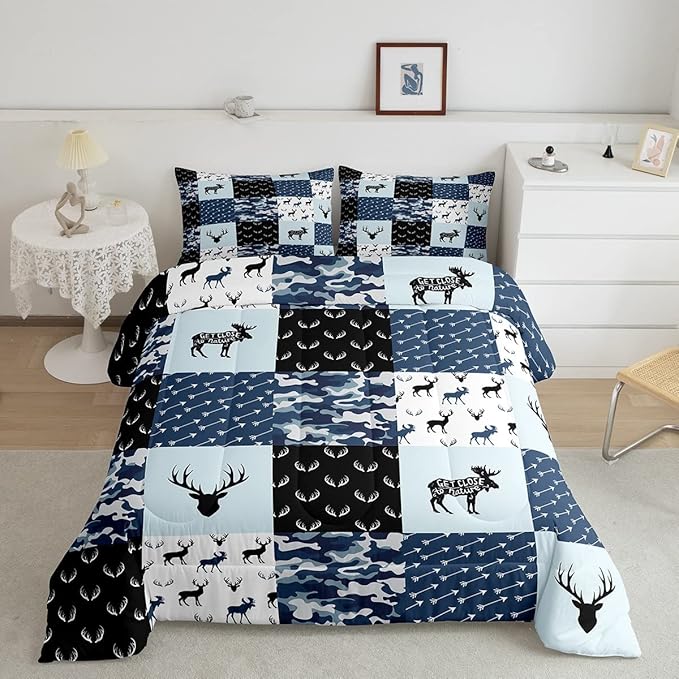 Cute Deer Comforter Set Full, Military Camo Bedding Set for Kids Boys Teens Bedroom Tribal Animal Antlers Silhouette Quilted Comforter Checkered Plaid Arrows Bedding Comforters, Army Blue and White