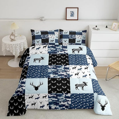 Cute Deer Comforter Set King, Military Camo Bedding Set for Kids Boys Girls Teens Bedroom Tribal Animal Antlers Silhouette Quilted Comforter Checkered Plaid Arrows Bedding Comforters, Army Blue&White