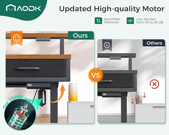 AODK 55 Inch Electric Standing Desk with 3 Drawers, Brown, Height Adjustable Desk with Power Outlets & LED Lights, Stand Up Desk with Monitor Shelf, Sit Stand Desk Computer Workstation