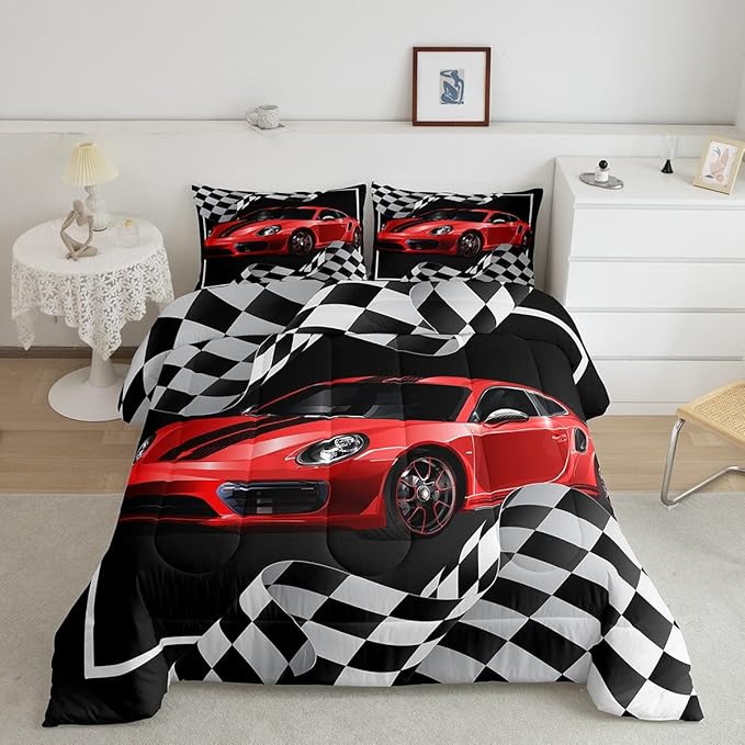 Red Race Car Comforter Set Queen Size, Black White Plaids Geometric Bedding Set 3pcs for Kids Teens Boys Men Room Decor,Extreme Sports Games Racing Flags Quilt Set,2 Pillowcases