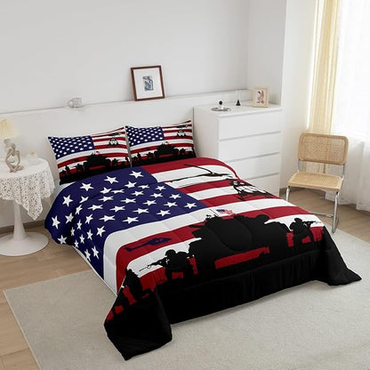 Feelyou American Flag Comforter Set for Girls Kids Boys Men Soldier Rifle Helicopter Tank Bedding Set Red Blue Stars Stripes USA Flag Comforter Room Decor Army Guns Military Down Comforter Queen Size