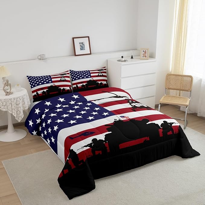American Flag Comforter Set Soldier Rifle Helicopter Tank Bedding Set Red Blue Stars Stripes USA Flag Comforter Room Decor Army Guns Military Down Comforter Full Size