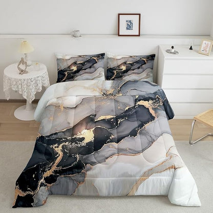 Erosebridal Black Marble Bedding Set Full,Black and Grey Marble Comforter Set Men Teens Boys Modern Gray Orange Abstract Art Tie Dye Down Comforter Kids Gothic White Gold Marble Duvet Insert Soft