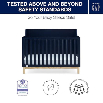 Delta Children babyGap Oxford 6-in-1 Convertible Crib + Brannan Bear Bookcase with Bins + Brannan Bear Wall Shelf with 4 Hooks, Navy/Natural (Bundle)