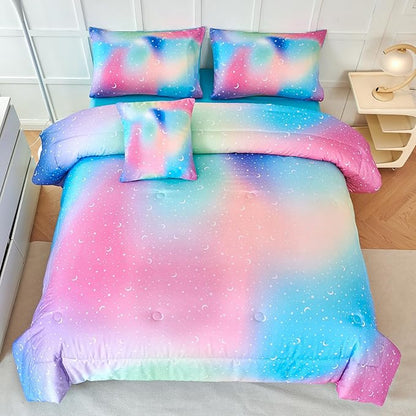URBONUR Girls Full Bedding Set 6 Pieces Rainbow Comforter Set Full Size Multicolor Stars Printed Bed in a Bag, Soft & Fluffy Kids Bed Sets
